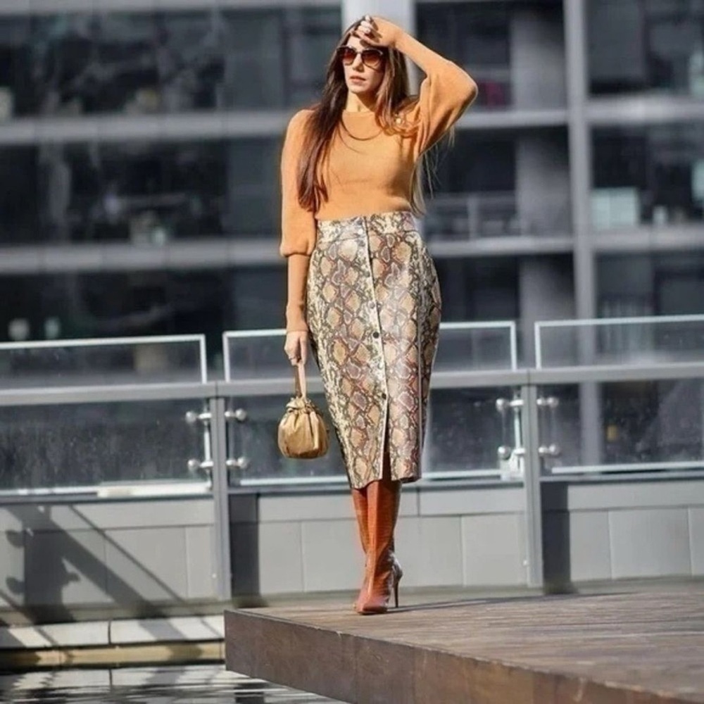NWT Zara High Waist Snakeskin Print Skirt Orange Brown Midi Size S Office Baddie - Picture 4 of 10